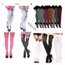 Ladies Over The Knee Hold Up Sock /Stripe Plain Thight High With Bow Fancy Dress
