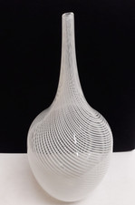 Heavy Glass Vase White Swirled Stripes Narrow Neck 36cm High 15cm Diameter