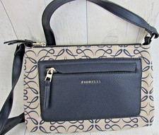 Fiorelli Crossbody Bag with Patterned Canvas & Navy Faux Leather Panel