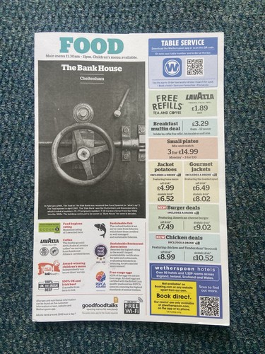 Wetherspoons bar menu the bank - bar,