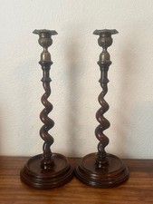 Pair of 2 Vintage Oak Barley Twist Candlesticks Candle Holder w Brass Top - 14"