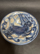 Vintage French Studio Pottery Slip Trailed Blue Hare Hand Painted Bowl 7” Signed
