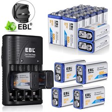 EBL 9V 600mAh 6F22 Li-ion Rechargeable Batteries 9Volt Battery Wall Charger Lot