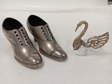 Rare Vintage Metal Shoe Figurines & Glass Swan Salt Shaker Bundle Collectible