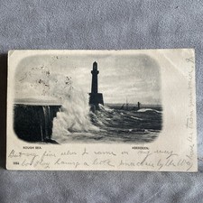 Aberdeen Harbour 1903 Rough sea Postcard lighthouse trawler boat 