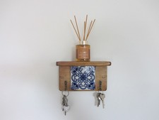 Blue & white flower 2 hook key holder wall shelf reclaimed wood & Mexican tiles