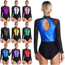 Women's Mock Neck Dance Costume Glitter Gymnastic Leotard Ballet Skating UK