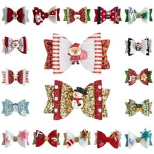 Christmas Hair Bows Clips Accessories Santa Reindeer Snowman Gold Xmas - 3.5" ?