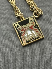 Haida Pendant And Chain Necklace Brass And Enamel Indigenous Tribal Unisex