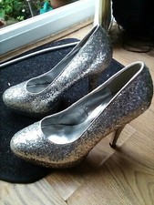 NICE SHERBERT SILVER GLITTER LADIES STILLETO SHOES, PLATFORM HEELS, Sz5/38, VGC