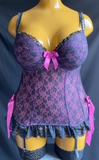 La SENZA Suspender Cami, Black/Pink Sheer Mesh & Floral Lace, UK 18E