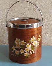 Vintage 1960s  Wooden Tea caddy ice bucket biscuit barrel ceramic lined chrome.