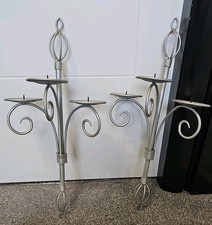 VINTAGE PAIR OF X2 SILVER LARGE 3 PILLAR CANDLE GOTHIC WALL SCONCE HOLDER DECOR