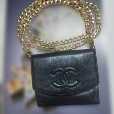 CHANEL Black Caviar Leather Compact Wallet Crossbody Shoulder Chain Bag Used