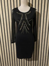 Pussycat London Black Bodycon Dress Mesh Sleeves Gold Stud Detail Size 10/12