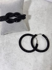 1pair Women Black Metal Black Crystal Decor Hoop And Bracelet Set Jewellery