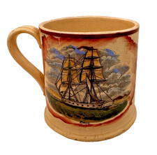 Sunderland pink lustre Antique pearlware tankard mug Brig Nautical  19th century
