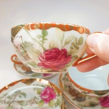 Vintage Japanese eggshell porcelain Geisha cup and saucers x 3