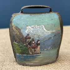 VINTAGE ANTIQUE HAND PAINTED BRASS COW CATTLE BELL WITH MOUNTAIN SCENE
