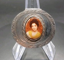Solid Sterling Silver Pill Box With A Charming Enamelled Image Of A Lady