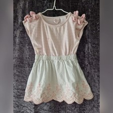 Cute Jillian's Closet Pink White Stripe Bow Embroidered Dress Fun Top 1-2 Years