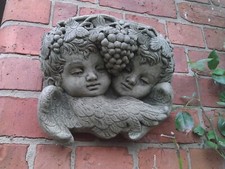 STONE GARDEN TWIN CHERUB FACE ANGELS WALL PLANTER / TROUGH / POCKET ORNAMENT