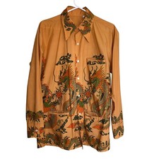 Vintage 1970s Mens Shirt Size Large Orange Dragon Button Down Long Sleeve