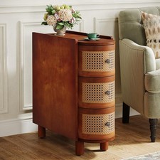 Solid Wood End Table, 3-Drawer Rattan Bedside with Exquisite Embossed Handles