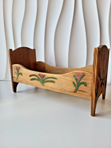 Antique wooden doll - antique, bed