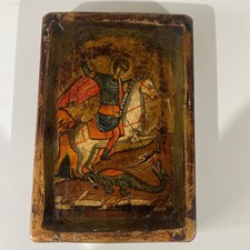 Antique 19th Century Hand Painted Russian Icon George Dragon Wood Signed