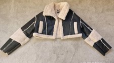 PLT black borg-lined panelled cropped faux leather aviator jacket Size 10