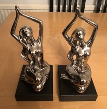 Pair Of Lovely Matching Silver Metal Sitting Lady Ornaments Figurines On Stands