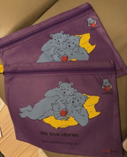 2 x Book bag from Book Start "We Love Stories". Purple with yellow handle
