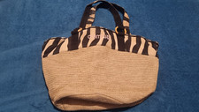 ANIMAL BLACK BEIGE ZEBRA PRINT SEQUIN NATURAL STRAW LOGO BEACH TOTE SHOULDER BAG