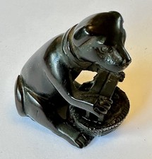Vintage Japanese Carved Ebony / Resin Netsuke Black Dog & Basket 5cms 