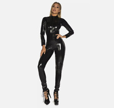 Women Shiny PVC Bodysuit Faux Leather Catsuit 2 Way Zip Long Sleeve Jumpsuit
