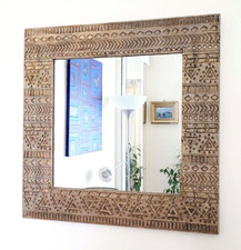 Square wooden mirror, carved aztec design, hand made in India 46.5cm NEW