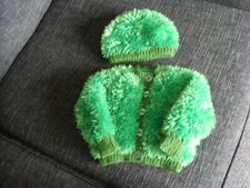 Childs Funky Fur Yarn Cardigan and Matching Hat in Green to fit 0-6 months
