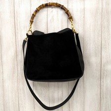 Gucci Bamboo 2Way Shoulder Bag Black Suede Leather Authentic Excellent