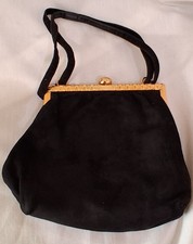 Jane Shilton Vintage Black Suedette Bag. Gold Tone Frame. Retro Revival .