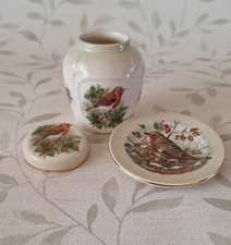 Royal Worcester Palissy Lidded Trinket Jar & Matching Dish. Christmas Robin