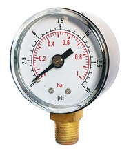 Pressure Gauge 0/15 PSI & 0/1 Bar 50mm Dial 1/4 BSPT Bottom connection. 