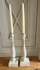 PAIR French WOODEN TALL CANDLE HOLDERS CANDLESTICKS WINTER WHITE