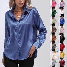 Womens Satin Silk Solid Shirt Ladies Casual Loose Button-up OL Work Blouse Tops