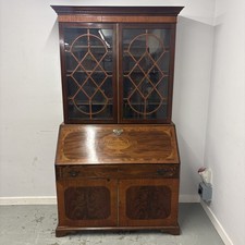 Antique Inlaid Mahogany Bureau Bookcase – Writing Desk with Glazed Display Top