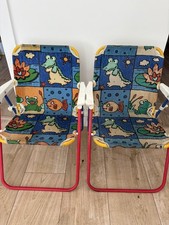 X2 VINTAGE CHILD FOLDING LAWN CHAIR CANVAS FROG FISH ANIMALS METAL FRAME