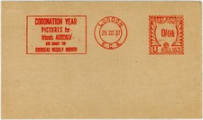 1937 CORONATION YEAR METER FRANKING 25 MARCH OVERSEAS WEEKLY MIRROR NEWSPAPER
