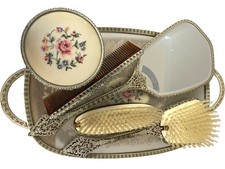 Vintage Regent of London Vanity Set Tray Brush Mirror Comb Set with Floral Desig