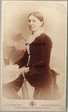 CDV LADY FEATHER HAT PARASOL STODART MARGATE ANTIQUE PHOTO VELVET DRESS FASHION