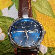 Taxau 8405G Brown Leather Watch Blue Big Face Men's Watch w Classic Analog VHTF